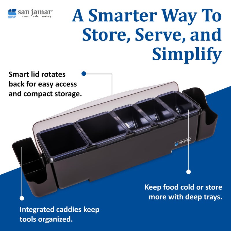San Jamar Dome Garnish Center 5 Tray with Caddies for Kitchen, Bar, And Restaurants, Plastic, 9 Pints, Black - Image 2